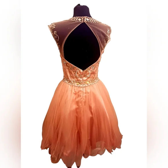 Peach Rhinestone Beaded Ruffled Cocktail Dress/ Prom/Formal Size 10 by May Queen - Picture 4 of 6